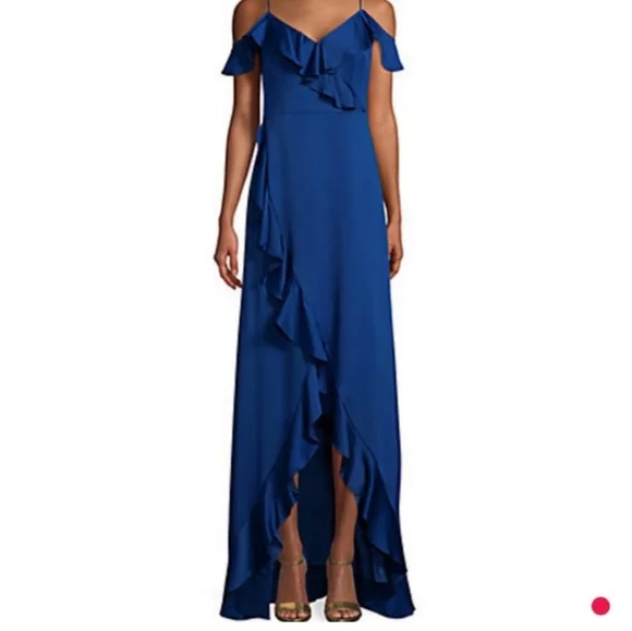 Aidan Mattox Satin Ruffle High Low Cold Shoulder Maxi Long Dress Navy Blue 8 - Picture 2 of 8